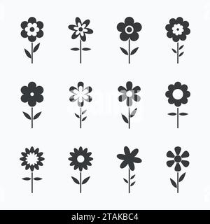 Black Flowers icons isolated on white background. Set of colorful floral icon. Flowers icons in flat dasing style Vector Illustration Stock Vector