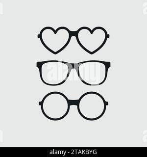 Set of custom glasses icons. Modern fashion glasses in flat style. Hipster sunglasses isolated on gray background. Stock Vector