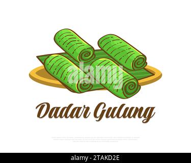 Hand Drawn Indonesian Traditional Food Named Dadar Gulung. Indonesian Snack, Sweet Pancake Rolls Filled with Grated Coconut Stock Vector