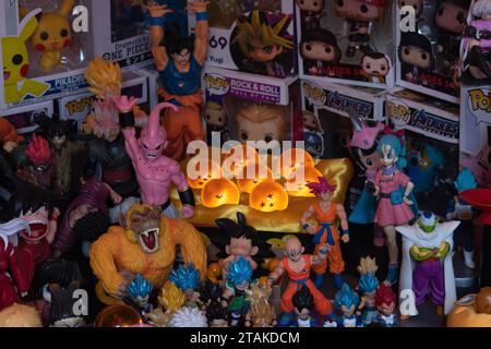Closeup to a 7th crystal drangon balls of the anime series dragon ball with character toys at flea market store Stock Photo