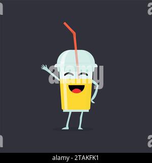 Funny and cute Juice smoothie character isolated on dark background. Juice with smiling human face vector illustration. Kids restaurant menu Stock Vector