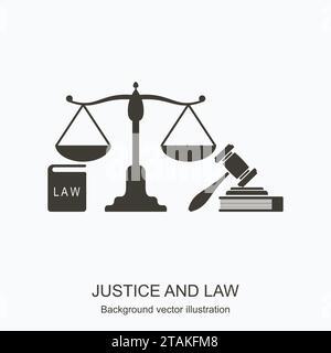 Law and justice icons. Scales of justice, gavel and books n flat style. Concept justice and law icon isolated on gray background. Vector illustration Stock Vector