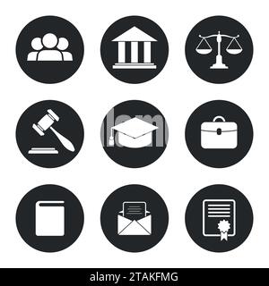 Set of black Law and Justice Icons. Vector Illustration. Stock Vector