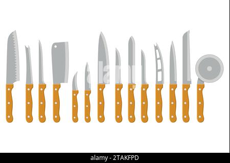 Set of steel kitchen knives carving, paring, and utility sharp tool cooking equipment collection. Sharp kitchen knife vector illustration Stock Vector