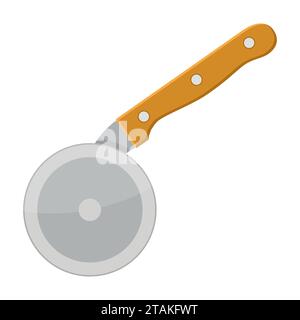 Pizza cutter knife steel kitchenware silver cooking equipment in flat style. Kitchen cutter for pizza with handle sharp blade cook Stock Vector