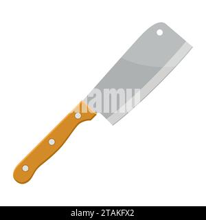 Meat cleaver knife steel kitchenware silver cooking equipment in flat style. Kitchen knife cleaver cutter with handle sharp blade cook Stock Vector