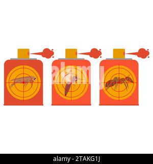 Repellent spray insect. Set of icons. Protection from the mosquito, midge, gnat, cockroach, ant. Aerosol for bug bite prevention. Vector illustration. Stock Vector