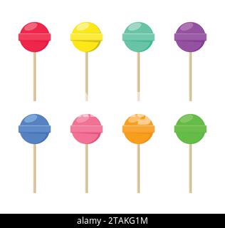 Lollipop set sweet food in flat style isolated on white background. Colorful lollipop set sugar candy dessert vector. Stock Vector