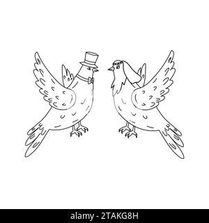 Hand drawn pair of flying doves isolated on white background. Black and white image. Two pigeons vector sketch. Stock Vector