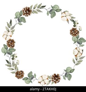 Watercolor round wreath with cotton flowers, eucalyptus leaves and cones Stock Photo