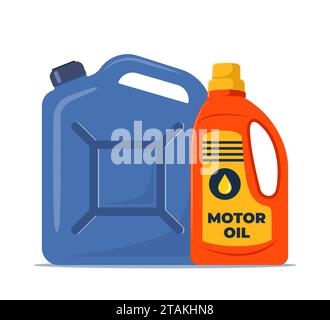 Jerrycan. Canister for petrol, gasoline and engine oil. Car motor oil in plastic canister. Engine liquid bottle. Vector illustration Stock Vector