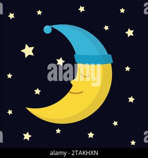 Sleeping moon in nightcap and stars on dark night background. Crescent in hat vector illustration Stock Vector