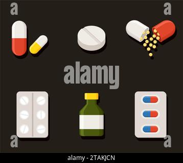 Medicine icons - Pills, Capsules and Prescription Bottle. Drugs vector illustration Stock Vector