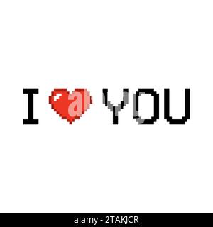 I love you in pixel style with heart isolated on white background. Romantic love vector illustration Stock Vector