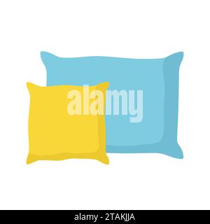 Blue and yellow pillows isolated on white background. Comfortable bed cushion pillow and bedding cloth. Vector Illustration Stock Vector