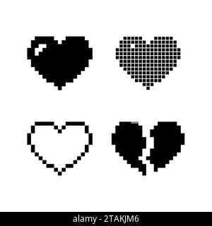 Set pixel hearts black icons isolated on white background. Romantic love vector illustration Stock Vector