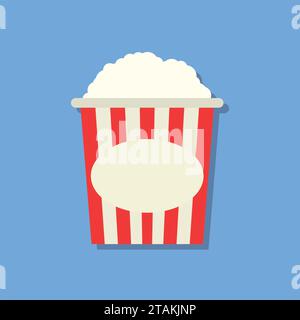Popcorn box icon in flat design style isolated on blue background with shadow. Cinema Vector illustration Stock Vector