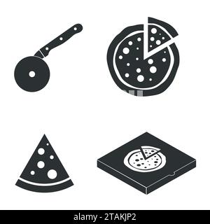 Pizza vector icons food silhouette collection. Cutter knife cooking equipment, pizza slice icon in flat style. Black pizza box Stock Vector