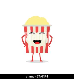 Funny and cute Popcorn character isolated on white background. Popcorn with smiling human face vector illustration. Kids restaurant menu Stock Vector