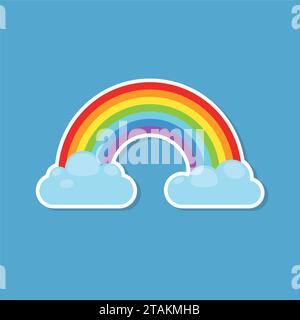 Rainbow and clouds sticker icon isolated on blue background. Nature sign cloud rainbow spectrum. Weather curve rainbow icon, graphic abstract symbol. Stock Vector
