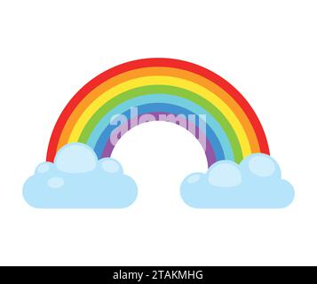 Rainbow and clouds isolated on white background. Nature sign cloud rainbow spectrum. Weather curve rainbow, graphic abstract symbol. Stock Vector