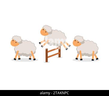 Cute sheep jumping over fence isolated on white background. Counting sheep to fall asleep. Vector illustration Stock Vector