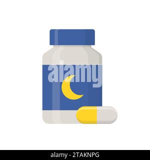 Sleeping pills islated on white background. Medical product, Pharmaceuticals bottle icon in flat style vector illustration. Stock Vector