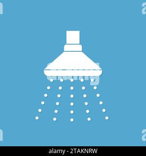 White shower icon isolated on blue background. Shower with water drops symbol icon un flat style. Stock Vector