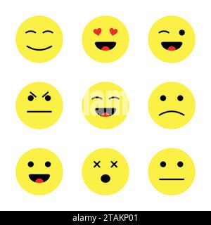 Set of cute smiley emoticons. Cartoon flat style faces smiles isolated on white background. Stock Vector