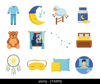 Sleep time icons set in a flat style. Collection nap night bedtime isolated on white background. Vector illustration Stock Vector