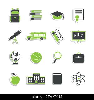 School icons stickers isolated on white background. Education icons collection. Back to school. College training icons symbols in flat style Stock Vector