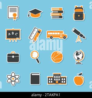 School icons stickers isolated on blue background. Education icons collection. Back to school. College training icons symbols in flat style Stock Vector