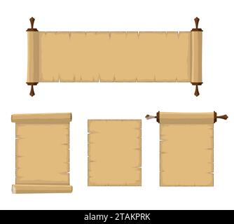 Blank old scrolls of papyrus paper set isolated on white background. Blank retro papyrus sheet in flat style, illustration of ancient parchment. Stock Vector
