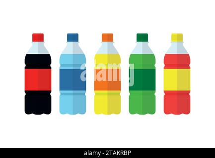 Soda, water and juice or tea bottles. Set of bottles icons. Nature drinks in flat style isolated on white background. Soda vector illustration Stock Vector