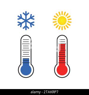 Thermometer measuring Heat and Cold, with Sun, Snowflake icons. Vector illustration Stock Vector