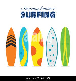Set of surfboards with different designs in a flat style isolated on white background. Summer sport surfing board activity wave extreme collection Stock Vector