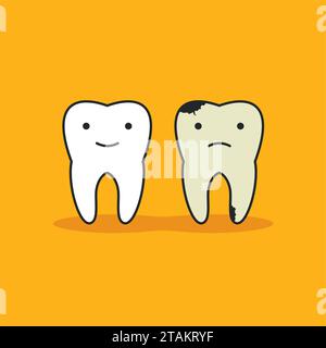 Happy healthy tooth and unhealthy bad tooth with face icon in flat style isolated on background. Health, medical or doctor children symbols. Oral care Stock Vector