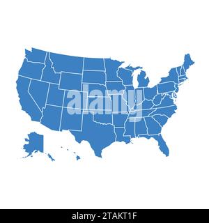 High detail USA map for each country. United States of America map in flat style. Blue america usa federal states map isolated on white background Stock Vector