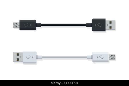 USB Micro cables isolated on white background. Connectors and sockets for PC and mobile devices. Computer peripherals connector or smartphone recharge Stock Vector