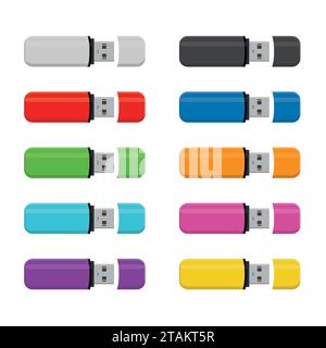 Set colored Flash drive USB memory sticks isolated on white background in flat style. Stock Vector