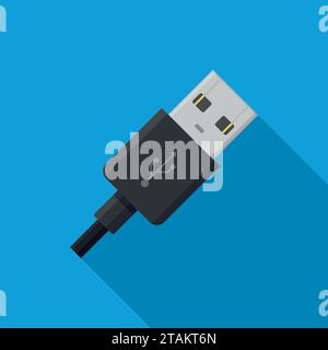 USB cable connector cord icon on blue background in flat style. Stock Vector
