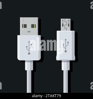 Micro USB cables on dark background. Connectors and sockets for PC and mobile devices. Computer peripherals connector or smartphone recharge supply Stock Vector