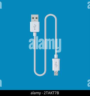 USB cable cord icon for web on blue backround. Computer peripherals connector or smartphone recharge supply Stock Vector