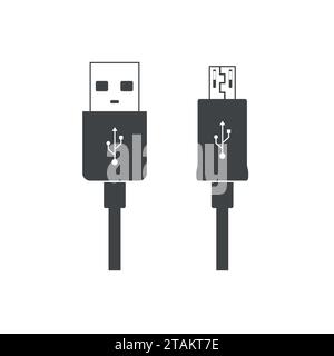 Micro USB cables icon isolated on white background. Connectors and sockets for PC and mobile devices. Computer peripherals connector or smartphone Stock Vector