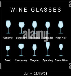 Types of Wine Glasses, set icons collection. Vector Illustration. Stock Vector