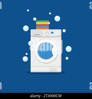 Washing machine and towels linen isolated on blue background. Equipment housework laundry wash clothes. Washer and flying bubbles in flat style. Stock Vector