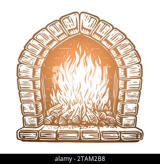 Wood is burning in fireplace. Fire in stone oven. Hand drawn vector illustration Stock Vector