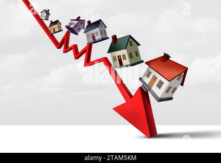 Falling House Prices and Home prices fall and Real Estate decline or Home price reduction and housing devalued market and mortgage Subprime lending fi Stock Photo