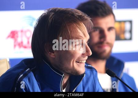 Saint Petersburg, Russia. 01st Dec, 2023. Alexander Bublik, seen speaking at a press conference of the North Palmyra Trophies - International Team Exhibition Tennis Tournament in KSK Arena. (Photo by Maksim Konstantinov/SOPA Images/Sipa USA) Credit: Sipa USA/Alamy Live News Stock Photo