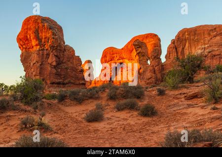 Parade of Elephants sandstone rock formations at sunrise in Arches National Park in Utah. Stock Photo